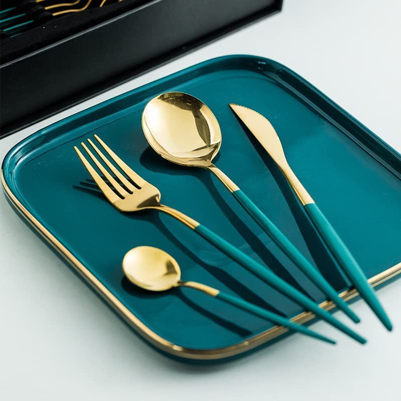 DANSR 24 PCs Golden Flatware, Silverware Set Cutlery Set Stainless Steel Tableware Kitchen Set Dinnerware Spoon Fork Knife Dinner Set Utensils Set (Green, 24)