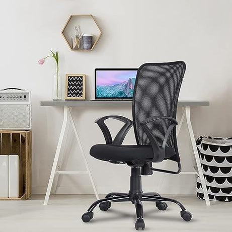 FURNICOM CHAIRS™ Sigma Medium Back Full Shoulder Support Ergonomic Office Chair for Home & Office Work Mesh Fabric Revolving Heavy Duty Metal Base | Ideal for Work from Home & Study (Black)