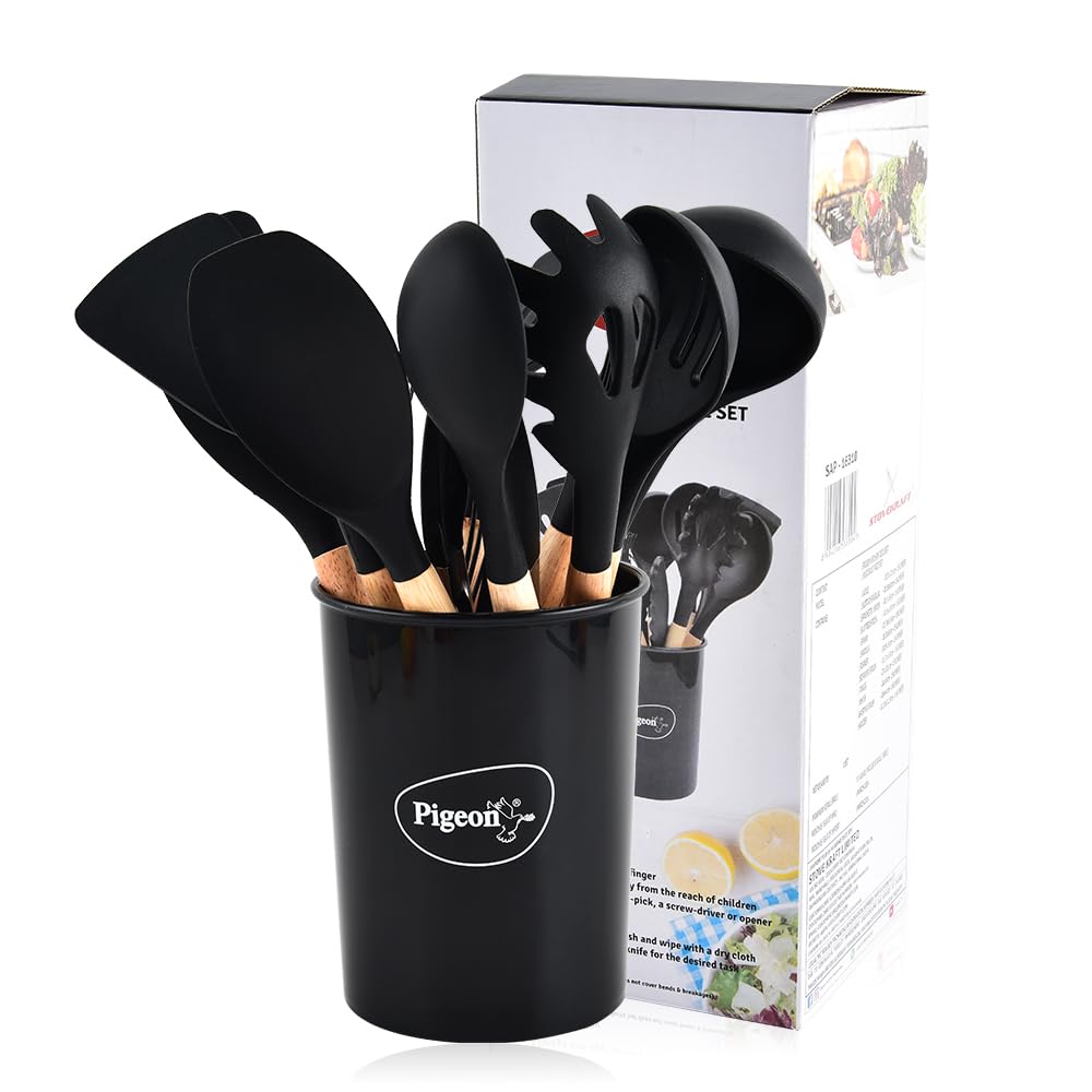 Pigeon by Stovekraft Silicone Kitchen Utensils Spoon Spatula Cooking Set- 12 Pcs with Wooden Handle|BPA Free|Heat Resistant Item|Flexible Non Toxic Silicon|Non Stick|Cookware Tools with Holder Black