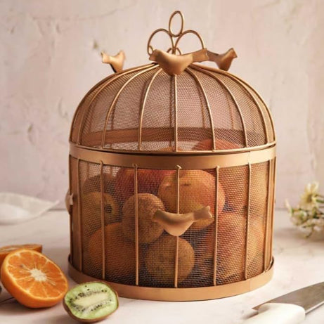 Next In Crafts Fruit Bulbul Basket with mesh & Lid Countertop Ideal for Storing Fruits, Vegetables, Best For Dining Table Daily use | Insect Proof (Golden)