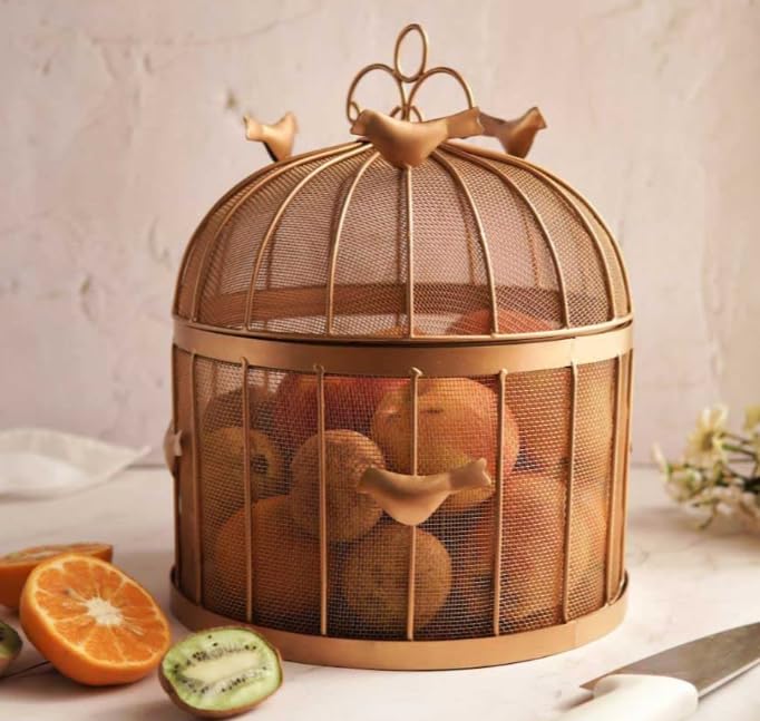 Next In Crafts Fruit Bulbul Basket with mesh & Lid Countertop Ideal for Storing Fruits, Vegetables, Best For Dining Table Daily use | Insect Proof (Golden)