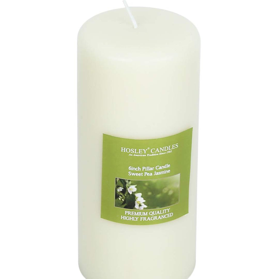 HOSLEY Sweet Pea Jasmine Fragrance White Pillar Candles| Soy & Paraffin Wax Candles for Home Decor|90 Hours Burning Time| Smokeless & Dripless|2.75 Inch Diameter|Pack of 1 (6 Inch Long)