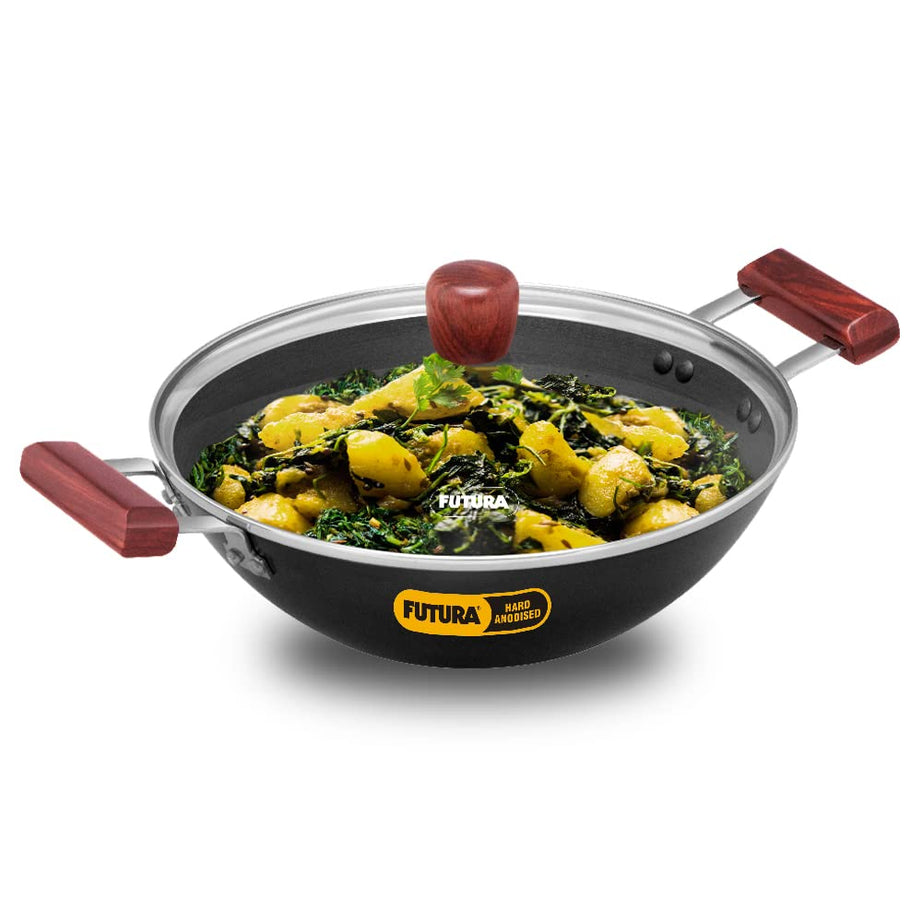 Hawkins Futura 3 Litre Deep Fry Pan, Hard Anodised Kadai with Glass Lid, Flat Bottom Kadhai, Black (AD30G)