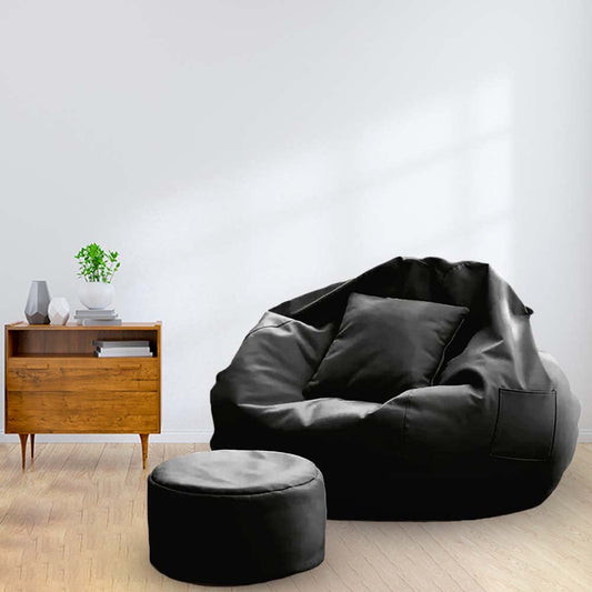 NOOSY Brand - XXL Faux Leather Bean Bag Chair with Stool & Cushion Without Beans (Black)