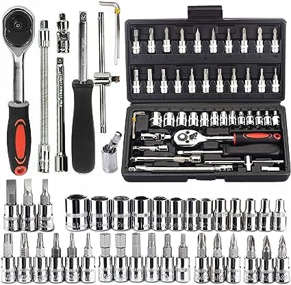 Cutepiece 46PCS 1/4 inch Socket Set,Metric Ratchet Wrench Set with 4-14mm CR-V Sockets,S2 Bits,Extension Bars,Mechanic Tool Kits for Household Auto Repair