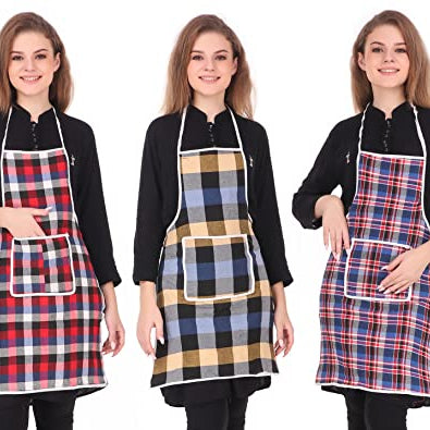 GLUN® Cotton Kitchen Multi Colour Apron with Front Pocket - Set of 3(Color and Design May Vary)