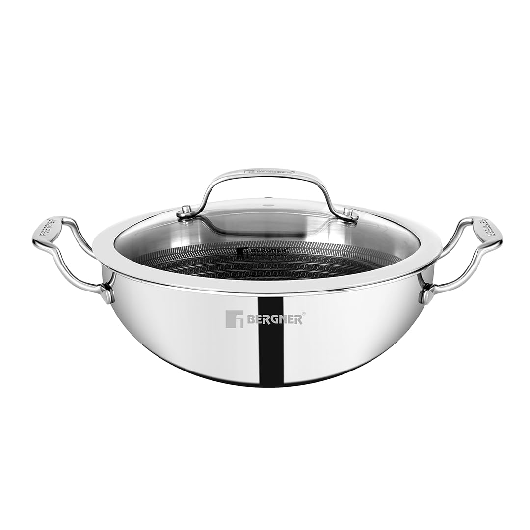 Bergner Hitech TriPly Stainless Steel 26 cm Kadai/Indian Wok with and Glass Lid, Kadhai with Non stick Prism Technology, Induction Bottom and Gas Ready, Metal Spatula Friendly, 2-Year Warranty