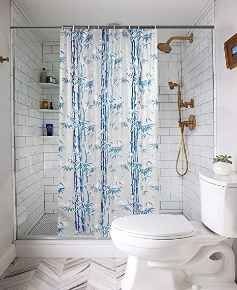 Sajid Designs Bamboo Design Waterproof PVC Shower Curtain with 8 Hooks (7 Feet, Blue)