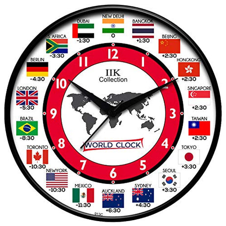 IIK COLLECTION Designer Plastic Analogue Round World Wall Clock for Home, Wall Clock for Kitchen,Wall Clock for Living Room, Bed Room, Office (Multicolour, 12X12inch, 30 cm x 30 cm x 6 cm)