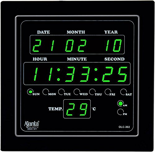 Ajanta Quartz Digital Green Led Square Wall Clock Olc - 302 (25.4 Cm X 25.4 Cm X 3.5 Cm)(Glass)