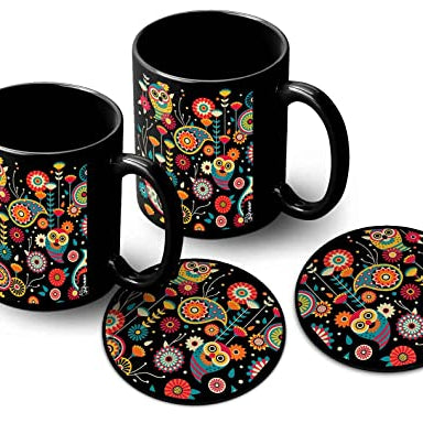 Uphaar Owl Colorful Pattern Printed 2 Black Ceramic Coffee Mugs 330 ml with 2 Coasters | 2 Mugs and 2 Coasters Combo Set