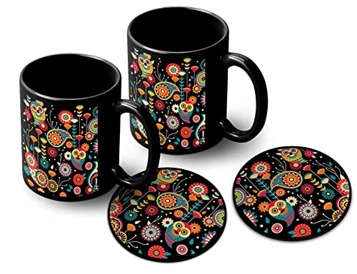 Uphaar Owl Colorful Pattern Printed 2 Black Ceramic Coffee Mugs 330 ml with 2 Coasters | 2 Mugs and 2 Coasters Combo Set