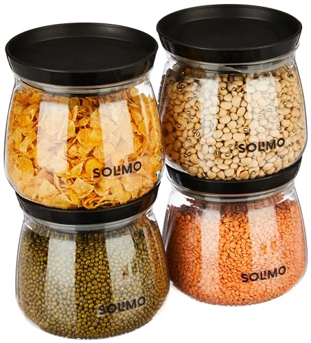 Amazon Brand - Solimo Plastic Storage Jar and Container Set I Air Tight & BPA Free Containers for Kitchen Storage Set I Grocery Kitchen Container Set I Multipurpose Jar,800 Ml Each, Set 4, Black