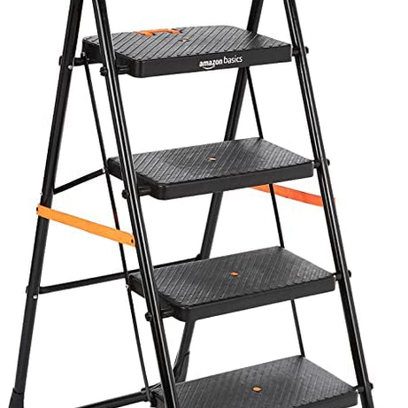 Maanit Clamber - Foldable Step Ladder, Safety-Clutch Lock, Ribbed Steps, Knee Guard, Non-Marring PVC Shoes, 4 Steps (Steel, Black & Orange)