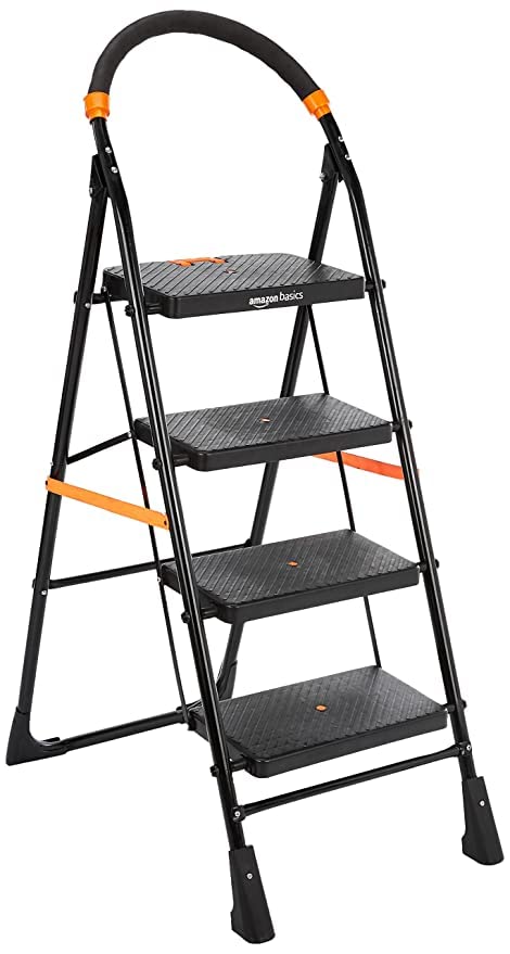 Maanit Clamber - Foldable Step Ladder, Safety-Clutch Lock, Ribbed Steps, Knee Guard, Non-Marring PVC Shoes, 4 Steps (Steel, Black & Orange)