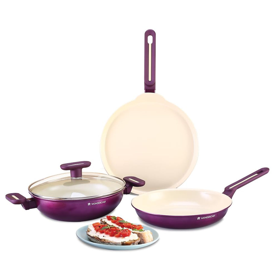 Wonderchef Bellagio Ceramic Non-stick 4 pc Cookware Set, Kadhai with Lid, Fry Pan & Dosa Tawa, Deep Purple, 2 Year warranty by Wonderchef