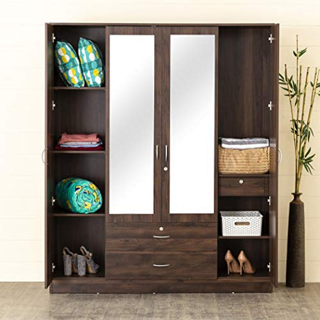 Home Centre Lewis 4-Door Wardrobe with Mirror and Drawer - Brown (Engineered Wood)