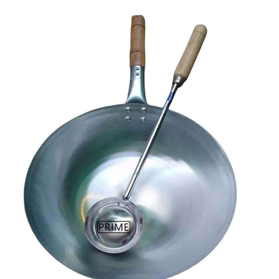 Prime Bakers and Moulders Chinese woks Iron Kadai with Wooden Handle and Stainless Steel Big Size Laddle (11 Inch)