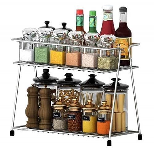 GLUN Stainless Steel 2-Tier Kitchen Countertop Spice Container Organizer Rack: Chrome Finish with Included Shelf Liner for Kitchen, Cabinet, Pantry, or Office Use