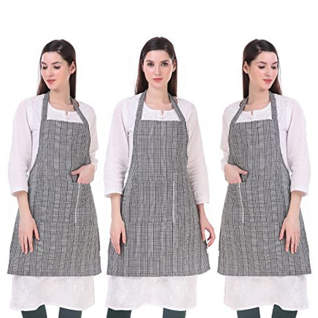 GLUN® Unisex Kitchen Apron Big Checkered Design, Waterproof Sheet Back Side with 2 Centre Pocket and Adjustable Metal Neck Strap Pack of 3