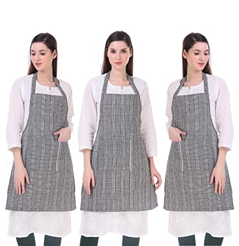 GLUN® Unisex Kitchen Apron Big Checkered Design, Waterproof Sheet Back Side with 2 Centre Pocket and Adjustable Metal Neck Strap Pack of 3