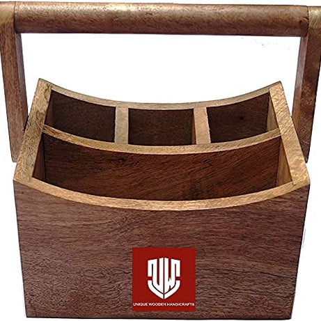 UMAAS® Handmade Wooden Multipurpose Cutlery Holder Basket / spoon stand for kitchen | cutlery holder for dining table | wooden caddy storage organizer stand with 4 Compartments Brown,8x7x5 Inches.