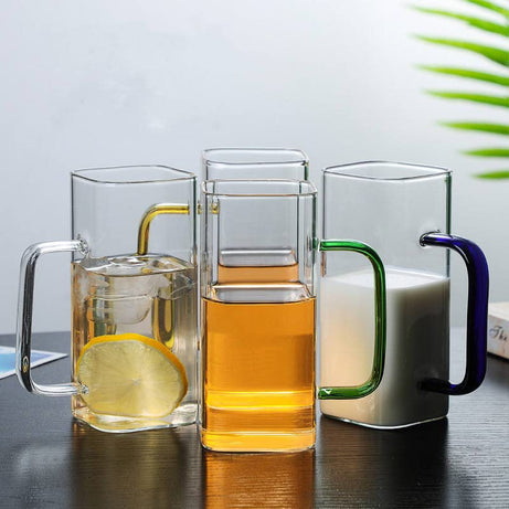 BLISS START 4 Pieces, 380ML Heat Resistant Square Glass Tea Cup Juice Microwave Safe Cold Coffee Color Handle Transparent Mug Drinkware Ice Coffee Mug Transparent