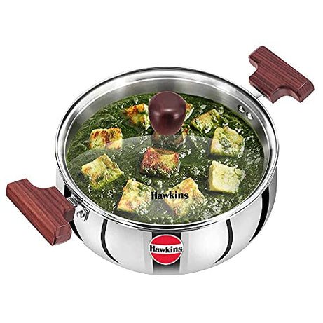 Hawkins 3 Litre Cook n Serve Handi, Triply Stainless Steel Handi with Glass Lid, Induction Sauce Pan, Biryani Handi, Saucepan, Silver (SSH30G)