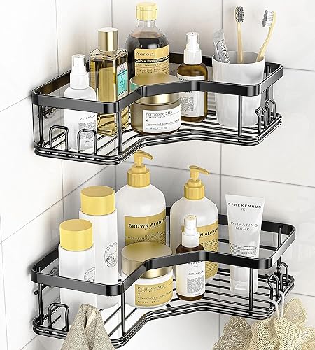 SaleOn Adhesive Mild Steel Shampoo Bottle Organizer Rack with Adhesive,Corner Shampoo Holder Corner Rack with 8 Hooks, Bathrooom Shelves Storage Bathroom Organizers and Storage, Black