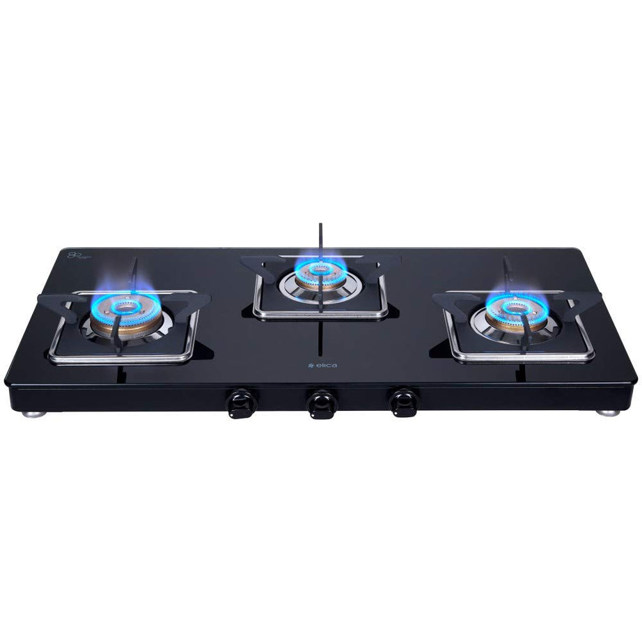 Elica Slimmest 3 Burner Gas Stove with Square Grid and Brass Burner (773 Ct Vetro (Slim Line Spf)), Manual Ignition