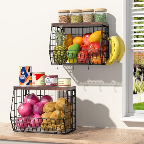 Wawocs 2 Tier Onion Basket Fruit Basket for Kitchen Counter, Wall Mounted Hanging Basket with Wood Countertop, Stackable Metal Wire Baskets for Storage Pantry Organizer Vegetable Storage Organization