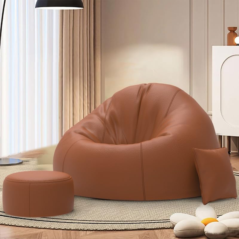 ComfyBean Bag with Beans Filled XXXXL Bean Bag with Free Cushion and Round Footrest - Official : Relaxation Range (Color : Tan)