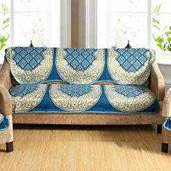 Nendle Luxurious Cotton Abstract Design 5 Seater Sofa Cover Set- 6 Pieces (Sky Blue)