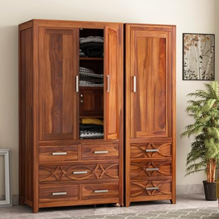 BedCult Furniture Wooden 3 Door Wardrobe for Clothes with 8 Drawer 7 Shelf Storage & Hanging Space and 1 Locker - Sheesham Wood Almirah for Bedroom - Solid Wood Large Cupboard (Honey Finish)