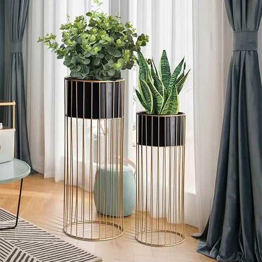 Decent Home Decor Metal Planter Stand Set of 2 for Indoor and Outdoor Decoration for Living Room,Bedroom,Halls (Colour-Black/Gold) (Size-25 Inches).