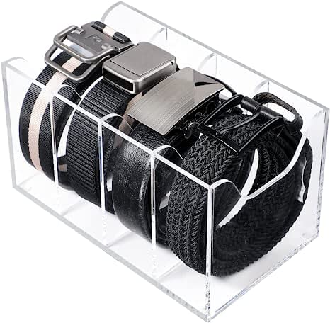 HOMANLY Belt Organizer for Drawer, Acrylic Belt Organizer for Closet, 4 Compartments Belt Storage Holder, Clear Display Case for Belt, Tie, Bow Tie