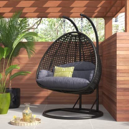 Indiid Homes Double Seater Hammock Swing Chair with Stand and Cushion for Patio Balcony Garden Terrace Living Room Relaxing Chair| Powder Coated Frame |UV Protected Wicker