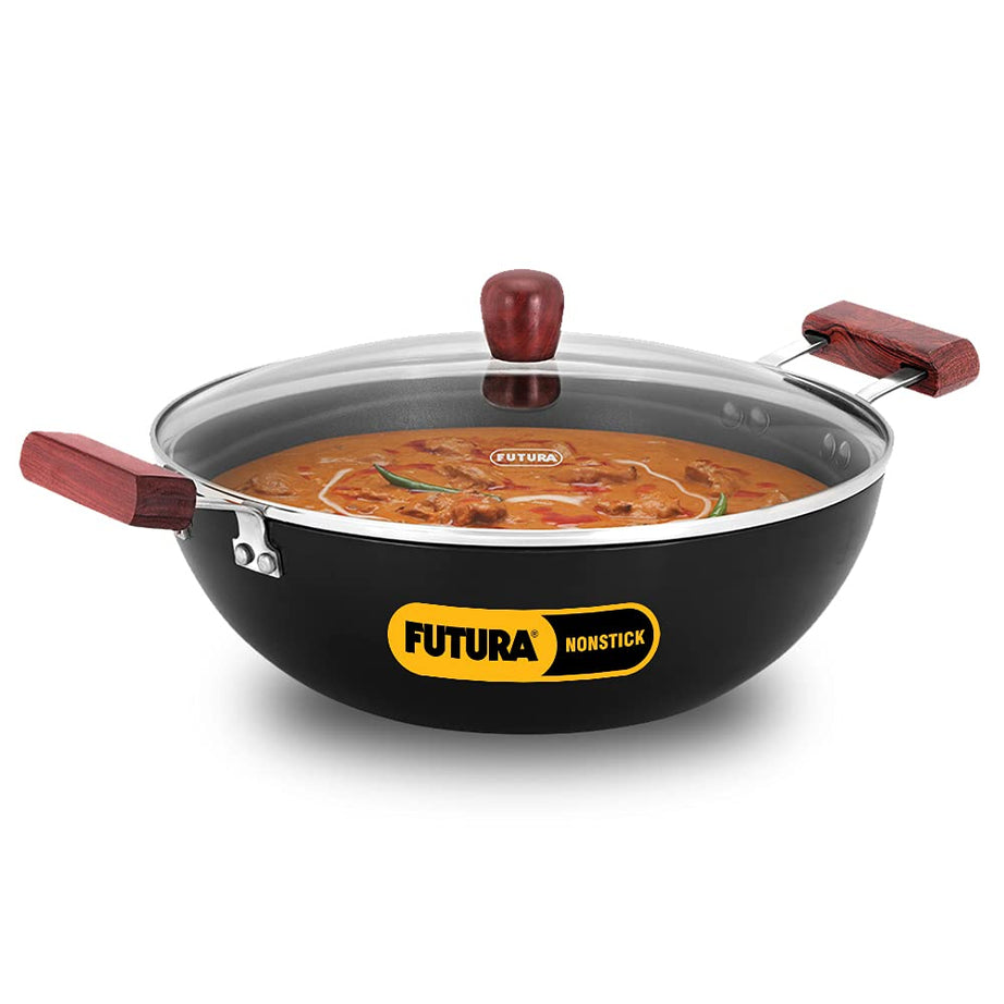 Hawkins Futura 5 Litre Deep Kadhai, Non Stick Kadai with Glass Lid, Flat Bottom Induction Kadhai, Black (INK50G)