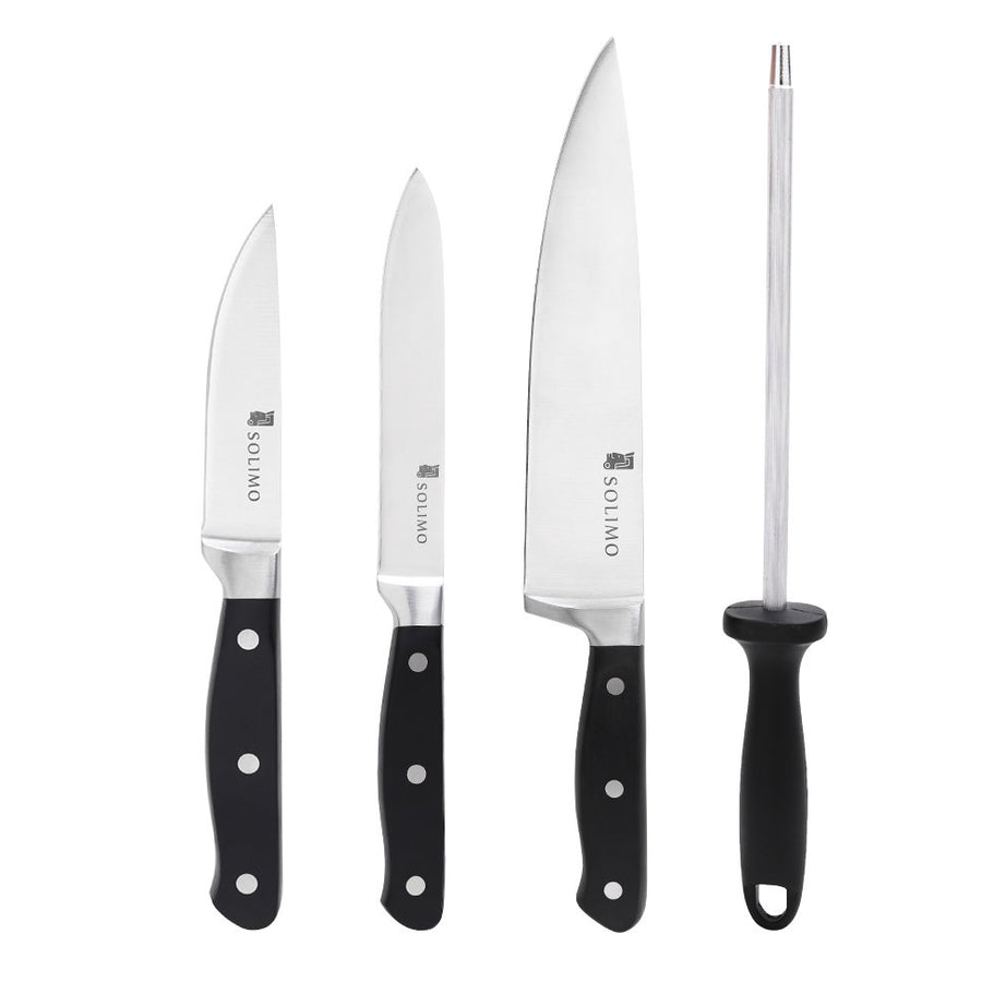 Amazon Brand - Solimo Premium High-Carbon Stainless Steel Kitchen Knife Set, 4-Pieces (with Sharpener), Silver