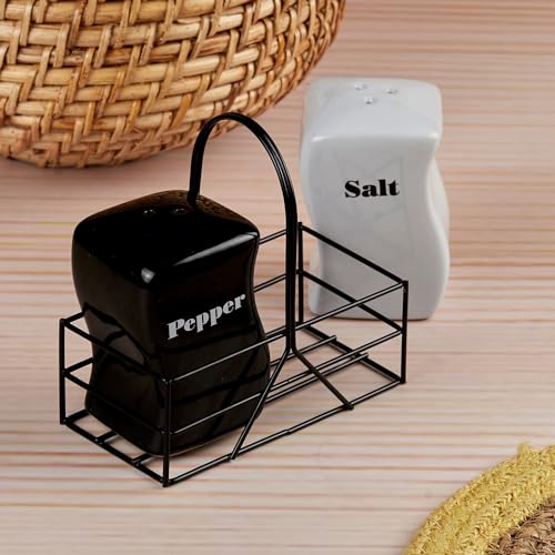 Kookee Ceramic Salt and Pepper Shakers Set with Tray for Dining Table Used as Namak Dhani, Shaker, Sprinkler, Spices Dispenser for Home, Kitchen and Restaurant, Black/White (10659)