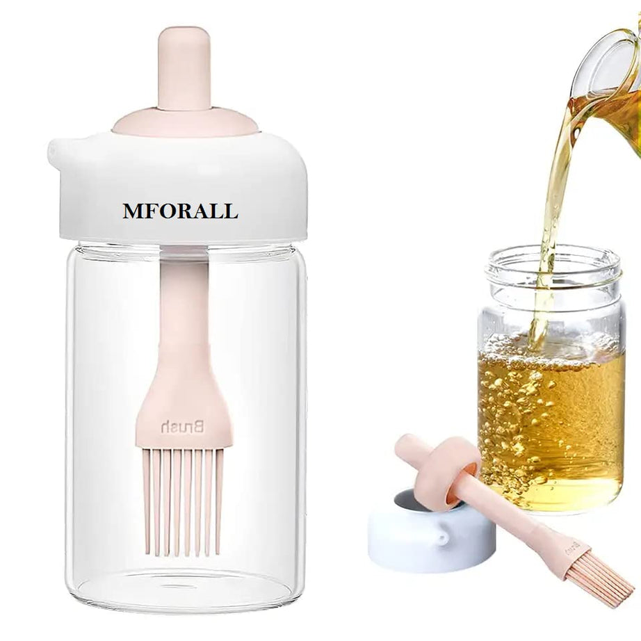 Mforall Glass Olive Oil Dispenser Bottle With Silicone Brush 2 in 1 Silicone Dropper Measuring Oil Dispenser Bottle for Kitchen Cooking Baking BBQ (2 in 1 Oil Dispenser 230 Ml, Pack of 1)