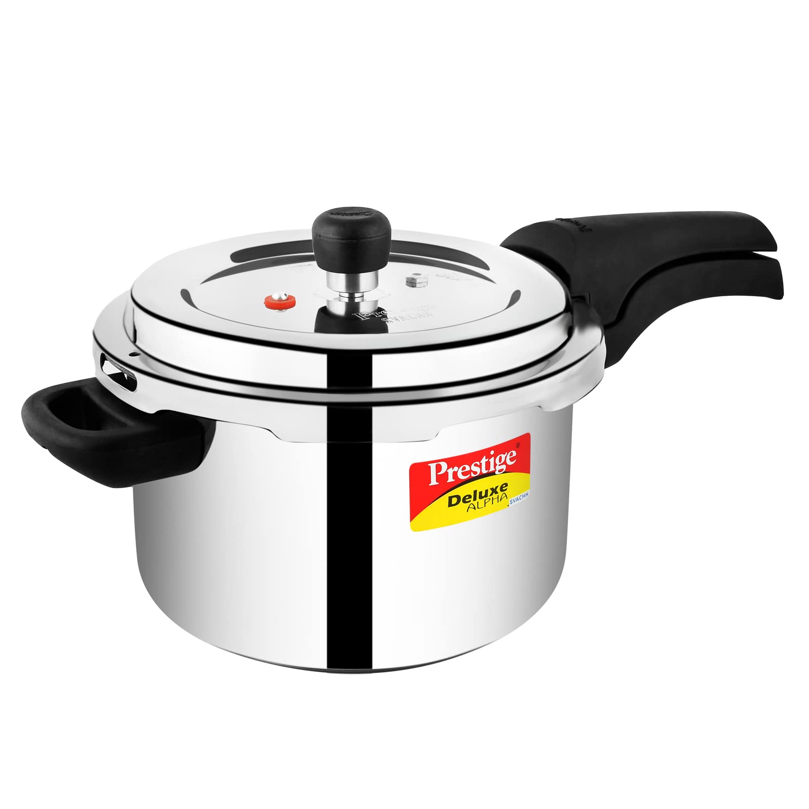 Prestige 4 Litres Svachh Deluxe Alpha Induction Base Outer Lid Stainless Steel Pressure Cooker | Deep lid controls spillage | Silver | Gasket-Release System | Straight Wall | Pressure Indicator