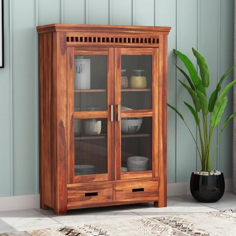 Solid Wooden Crockery Cabinet for Kitchen & Dining Room |sheesham Wood Free Standing | Crockery Cabinet with Drawers & Door Cabinet Storage with Glass