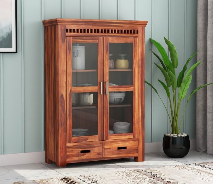 Solid Wooden Crockery Cabinet for Kitchen & Dining Room |sheesham Wood Free Standing | Crockery Cabinet with Drawers & Door Cabinet Storage with Glass