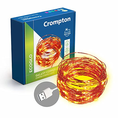 Crompton Galaxy Decoration Copper USB Powered String Fairy Lights with 100 Led Light (10 Meters, Warm White, Pack of 1)