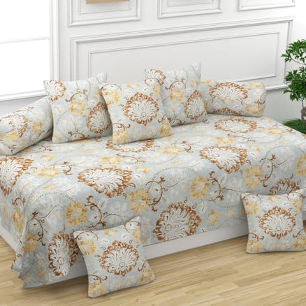 RALISH Diwan Set 8 Pieces Pure Cotton Designer Printed Standard Diwan Bedsheet (1 Single Bedsheet, 2 Bolster Covers, 5 Cushion Covers) Light Grey 2