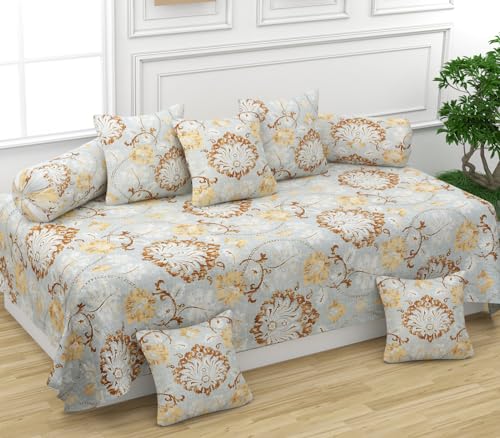 RALISH Diwan Set 8 Pieces Pure Cotton Designer Printed Standard Diwan Bedsheet (1 Single Bedsheet, 2 Bolster Covers, 5 Cushion Covers) Light Grey 2