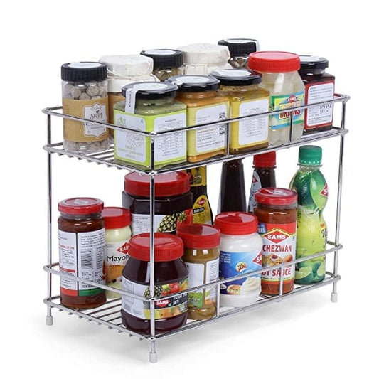 CR18 COLLECTION Big Size Stainless Steel Floor Mount 2 Layer Kitchen Spice Rack| Modular Kitchen Shelves | Kitchen Organizer Multipurpose Storage Shelf/Rack (Silver)