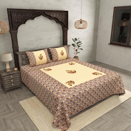 JaipurFabric® Cotton 180 TC Embroidery Patch Work Sanganeri Print Double Bedsheet with 2 Pillow Covers (90" X 108"), Cream