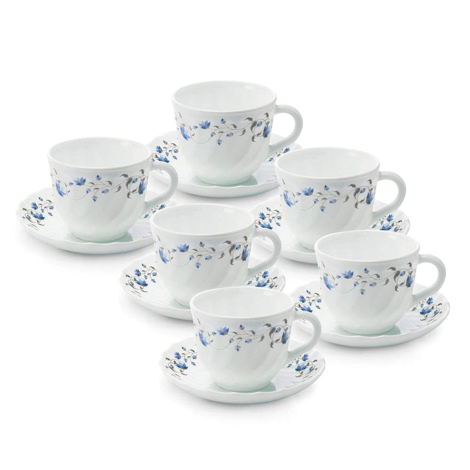 Larah by BOROSIL Glass Helena Cup and Saucer Set, 216Ml, 12-Piece, White